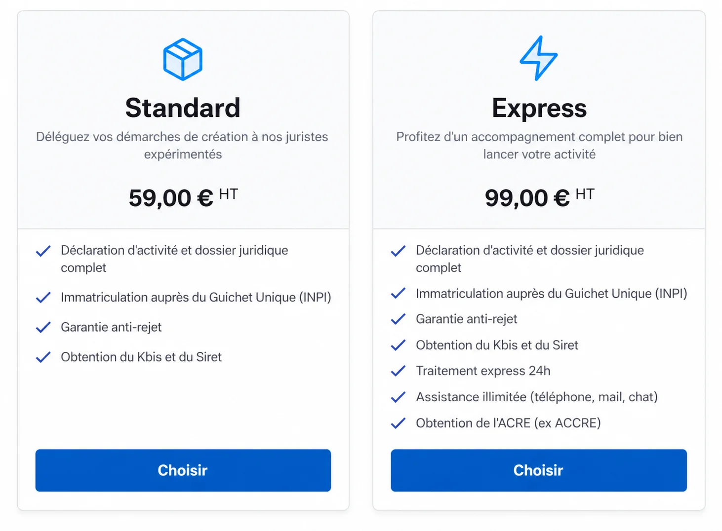 Tarifs LegalPlace pour créer une micro-entreprise : pack Standard et pack Express
